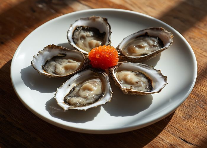 Add a dollop of lumpfish caviar on top of freshly shucked West Coast Oysters